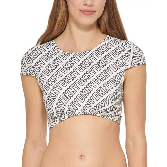 DKNY Womens Size Large Cropped Logo-Print Bikini Swimsuit Top in White $78 2001 - Picture 1 of 7